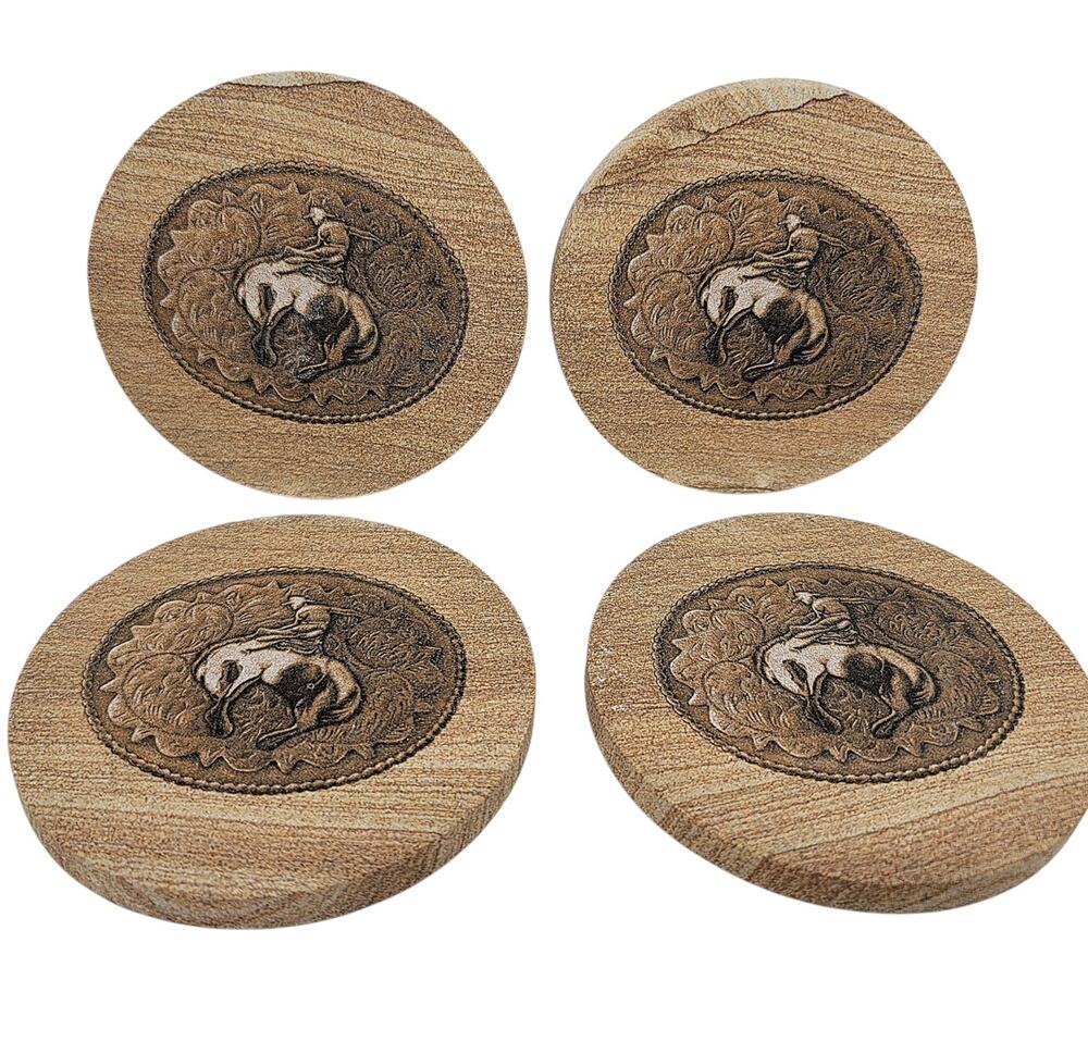 4 Thirstystone Natural Sandstone Coasters Western Bucking Bronco Cowboy 4" GRS